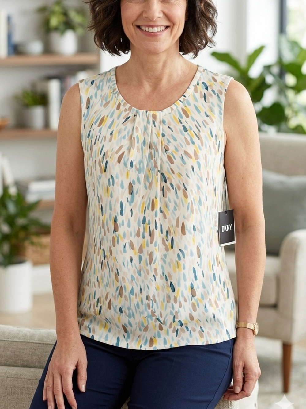DKNY Womems Sleeveless Blouse Top White Multicolor sz L NWT